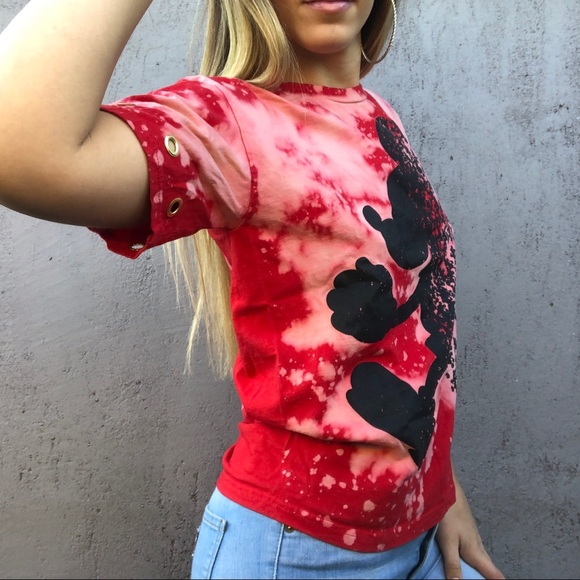 Red Mickey Mouse bleach Tee w gold eyelet sleeve - Picture 4 of 7